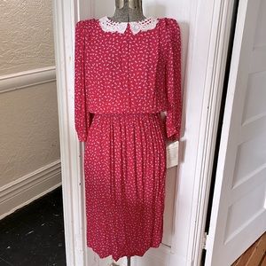 Dead Stock 80s Vintage Karin Stevens Cranberry Pink Floral Dress Lace Collar, 12